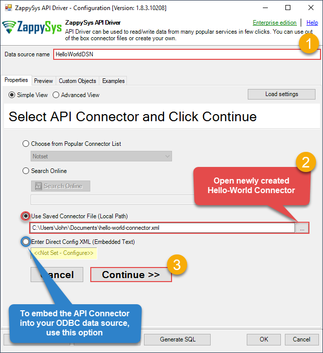 Create ODBC data source based on API Driver