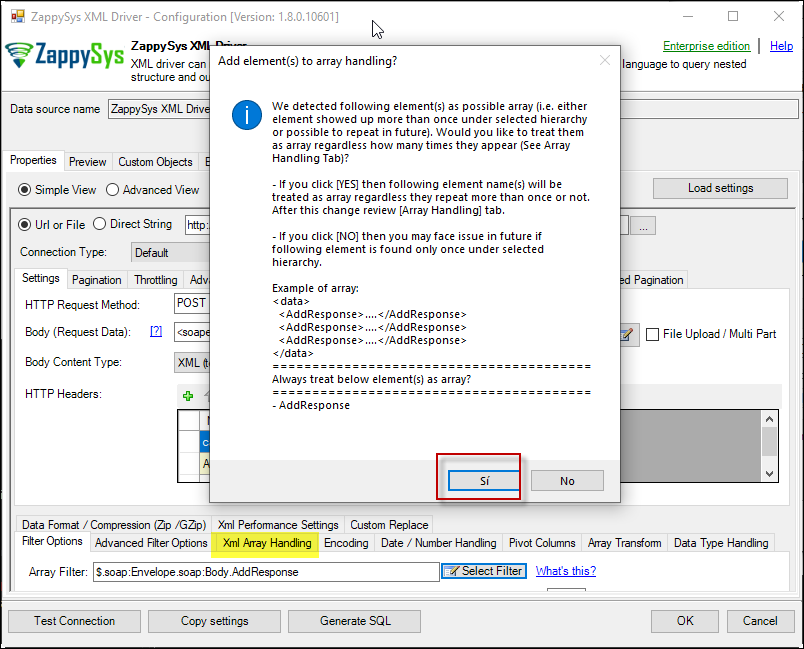 Treat selected node as XML Array Option for SOAP API Response XML