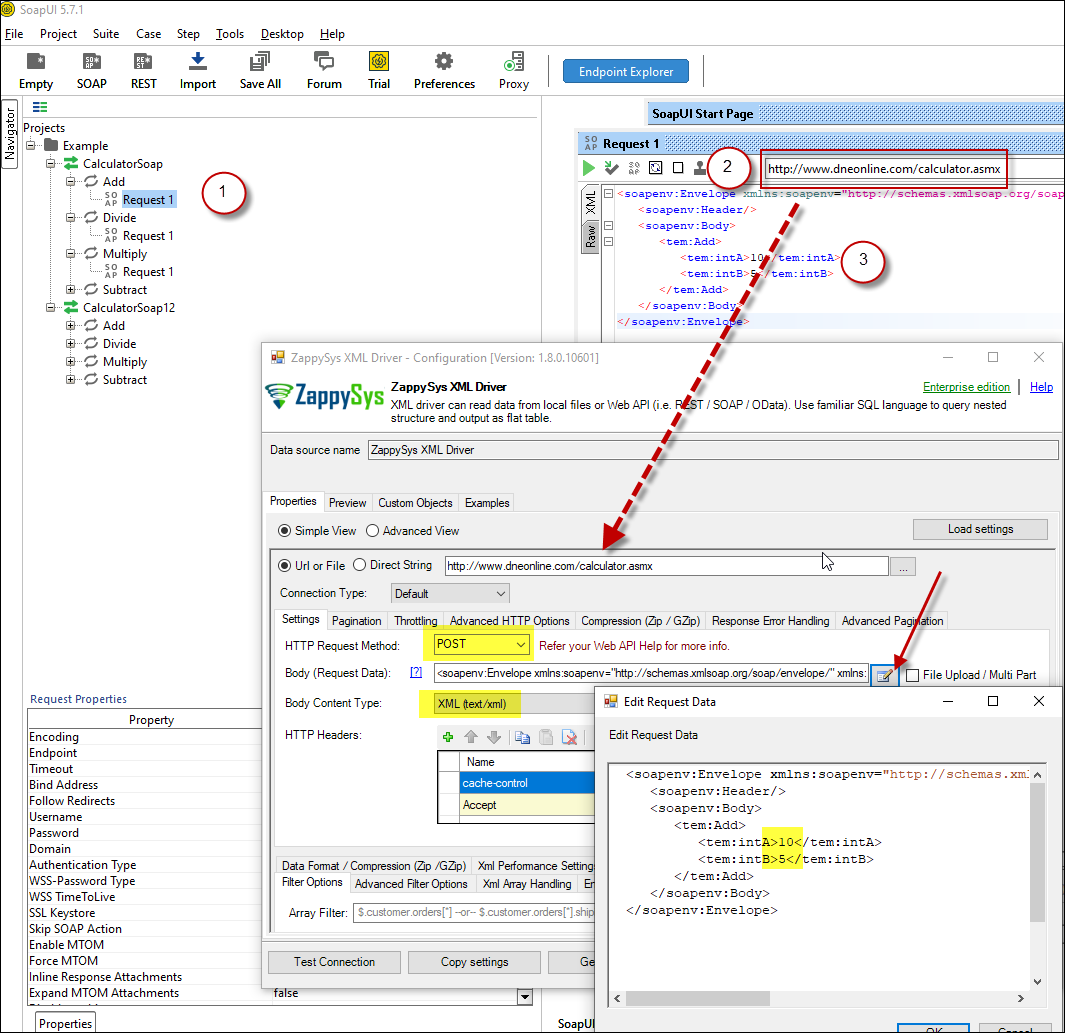 ZappySys XML Driver - Calling SOAP API - Configure URL, Method, Body